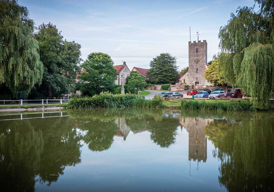 Buriton Church from the other side of the pond